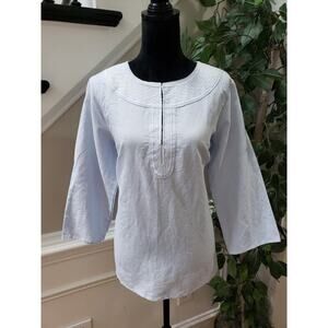 Signatures Women's Blue Solid Linen Casual Round Neck Long Sleeve Top Blouse XL